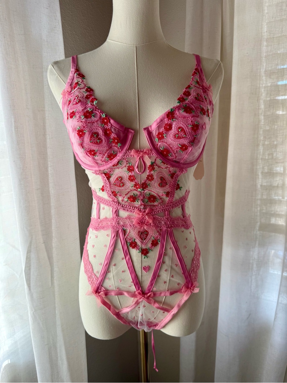 For Love And Lemons Pink Embroidered Heart Lace Bodysuit